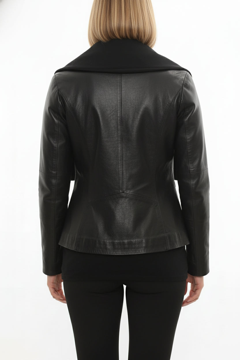model-back-details - Women's Asymmetrical Zip Leather Jacket, Women's Leather Biker Jacket, Women's Moto Jacket, Leather Motorcycle Jacket