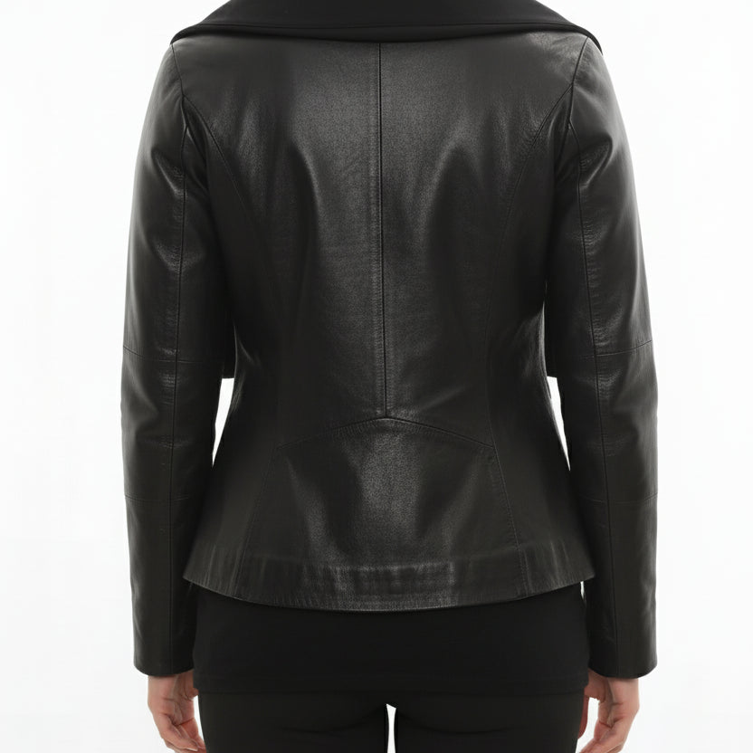 model-back-details - Women's Asymmetrical Zip Leather Jacket, Women's Leather Biker Jacket, Women's Moto Jacket, Leather Motorcycle Jacket