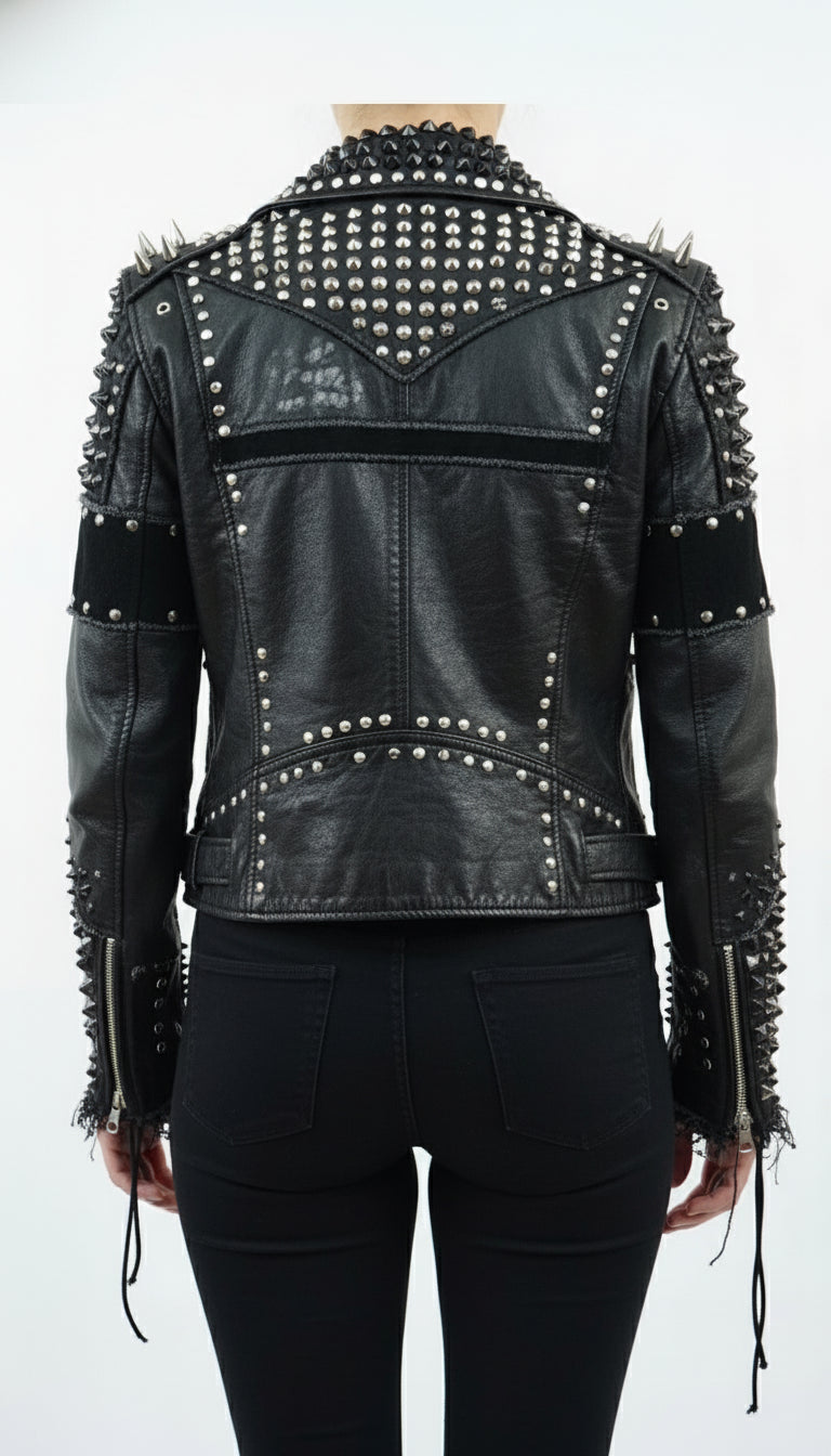 model-back-details - Women's Biker Leather Jacket, Custom Moto Jacket, Handmade Leather Jacket, Punk Style Biker Jacket