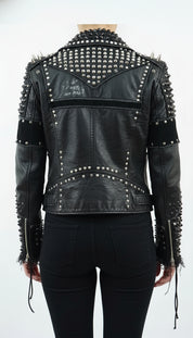 model-back-details - Women's Biker Leather Jacket, Custom Moto Jacket, Handmade Leather Jacket, Punk Style Biker Jacket