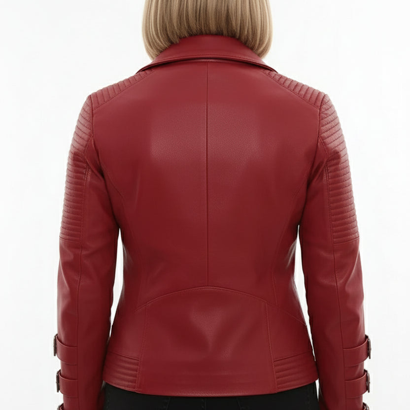 model-back-details - Women's Biker Leather Jacket, Moto Jacket for Women, Handmade Leather Biker Jacket, Asymmetrical Zip Women's Jacket
