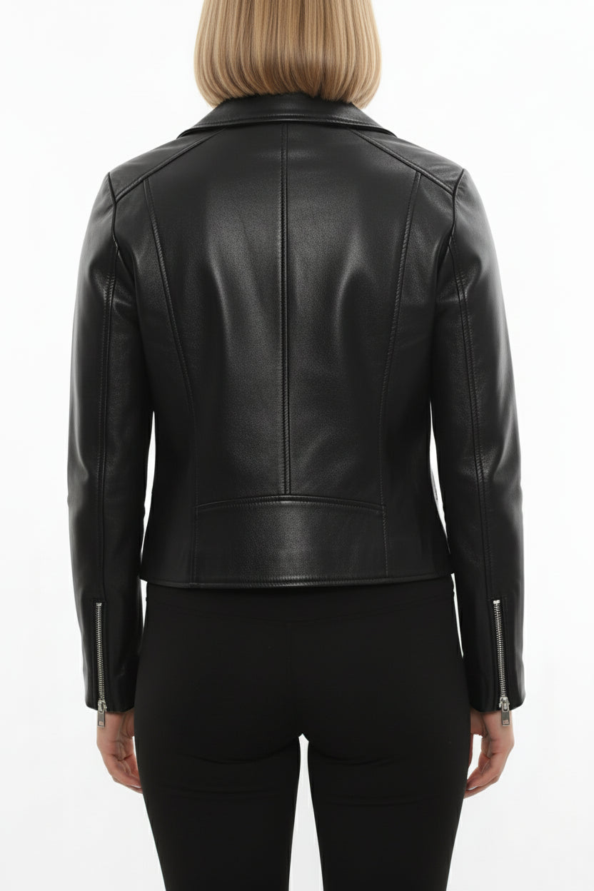 model-back-details - Women's Biker Leather Jacket, Women's Moto Jacket, Leather Motorcycle Jacket, Women's Leather Moto Jacket