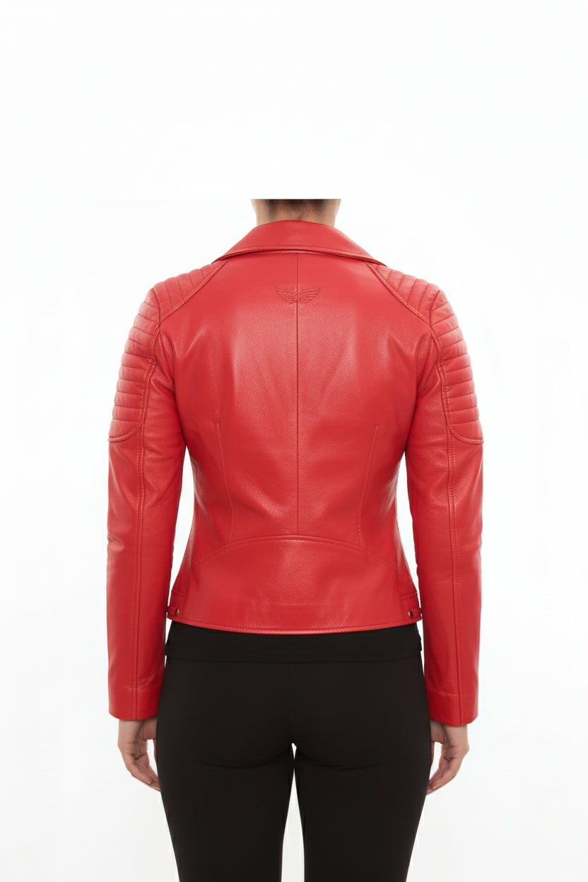 model-back-details - Women's Biker Leather Jacket, Women's Moto Jacket, Red Leather Jacket, Handmade Biker Jacket