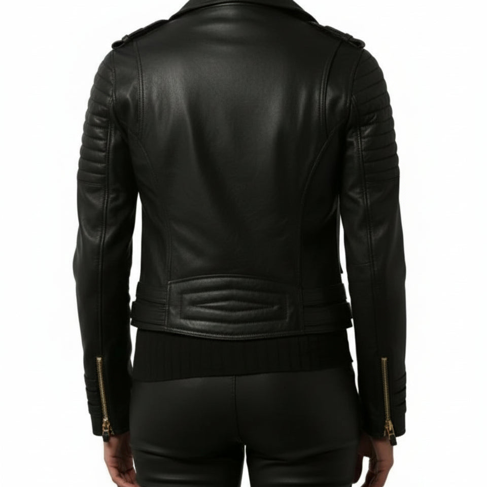 model-back-details - Women's Biker Quilted Black Leather Jacket