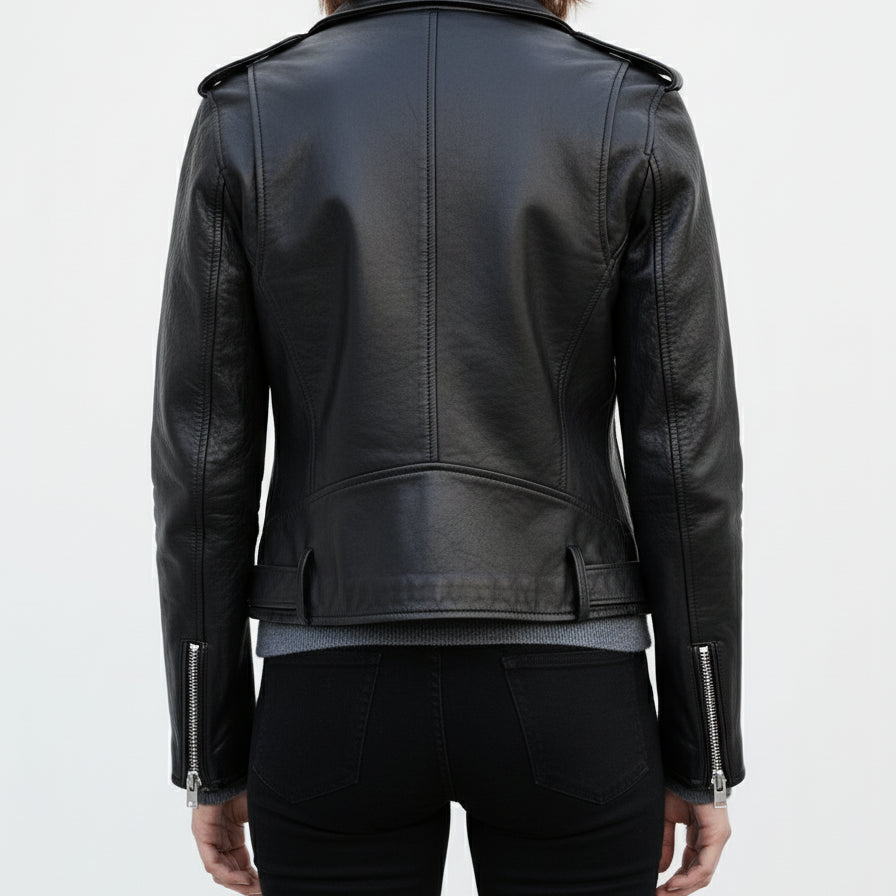 model-back-details - Women's Black Leather Biker Jacket