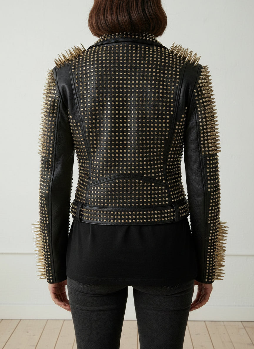 model-back-details - Women's black Punk studded Brando biker Leather Jacket Women studded jacket