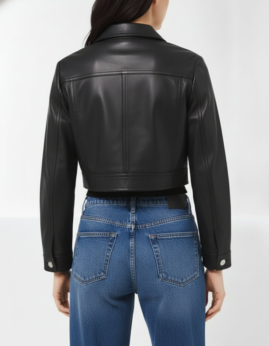 model-back-details - Women's Cropped Black Leather Jacket with Buttoned Closure