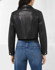 model-back-details - Women's Cropped Black Leather Jacket with Buttoned Closure