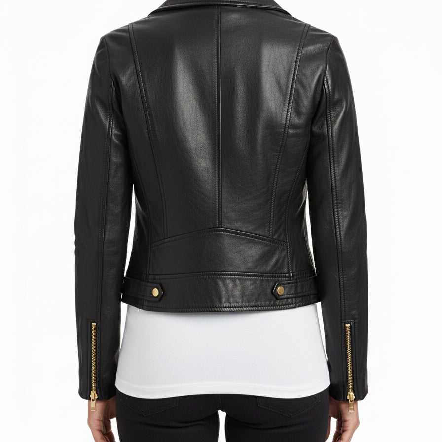 model-back-details - Women's Leather Jacket, Biker Leather Jacket, Black Leather Jacket Womens