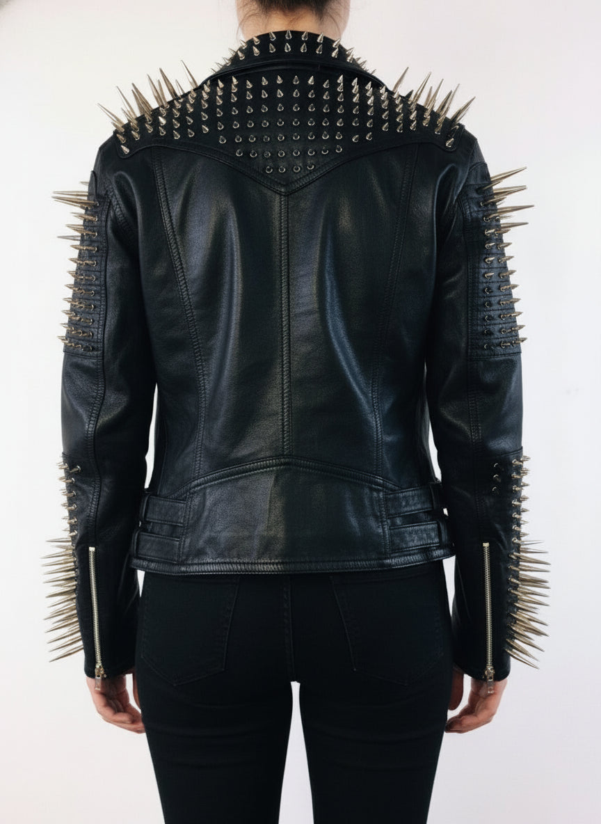 model-back-details - Women's Long Spiked/Studded Black Leather Biker Jacket