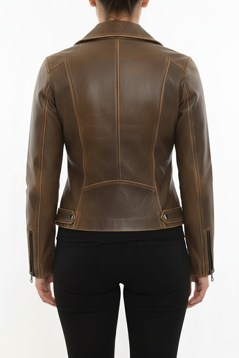 model-back-details - Women's Moto Leather Jacket, Distressed Biker Jacket, Handmade Motorcycle Jacket, Vintage Leather Jacket