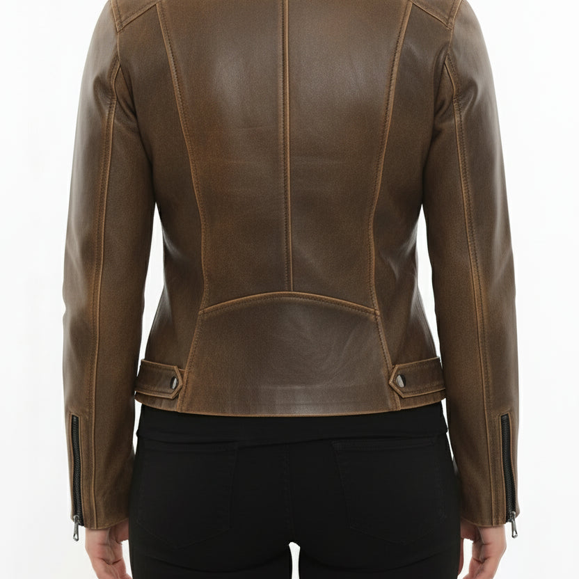 model-back-details - Women's Moto Leather Jacket, Distressed Biker Jacket, Handmade Motorcycle Jacket, Vintage Leather Jacket