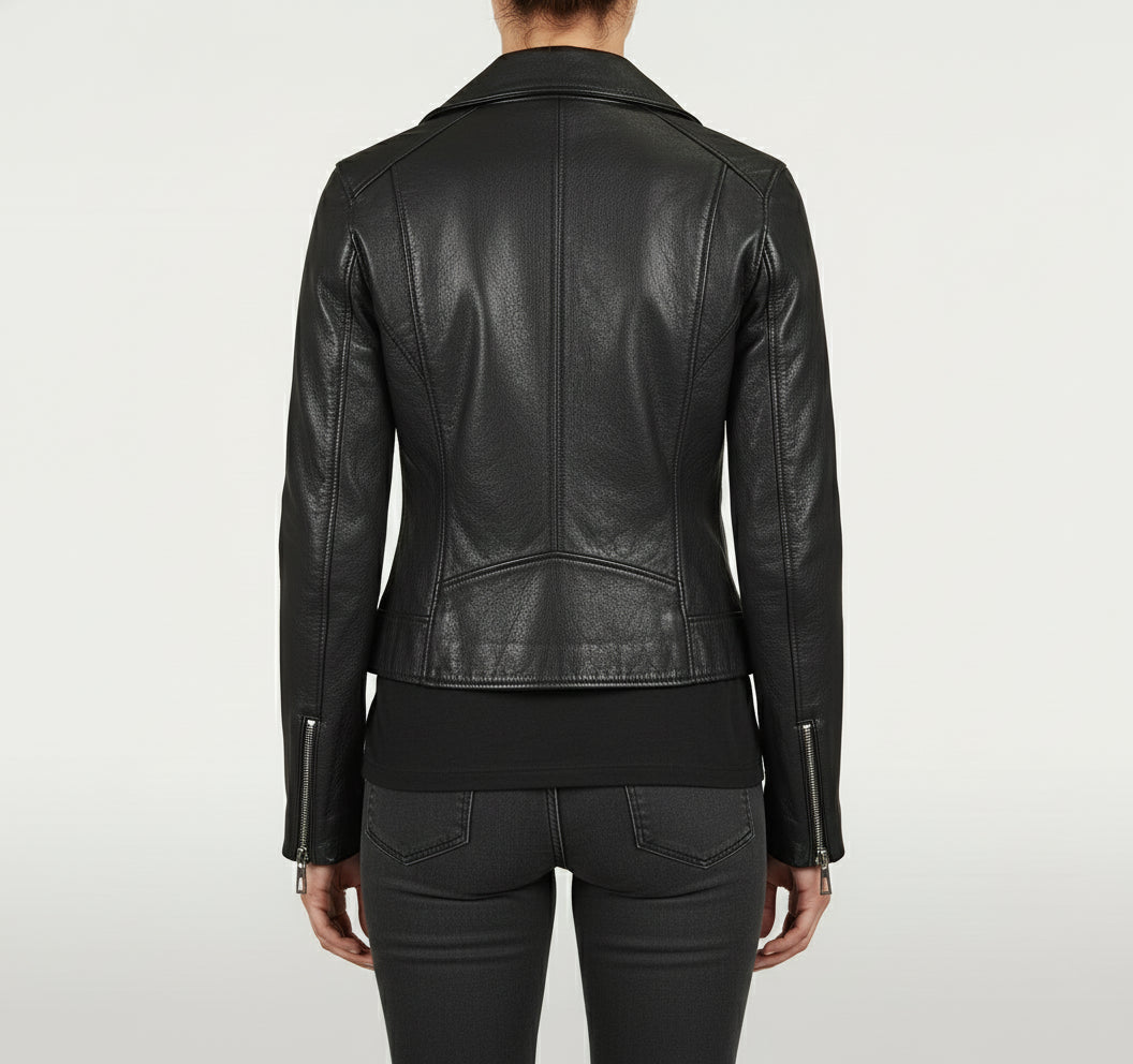 model-back-details - Women's Moto Leather Jacket, Leather Biker Jacket, Women's Motorcycle Jacket, Women's Asymmetrical Zip Jacket
