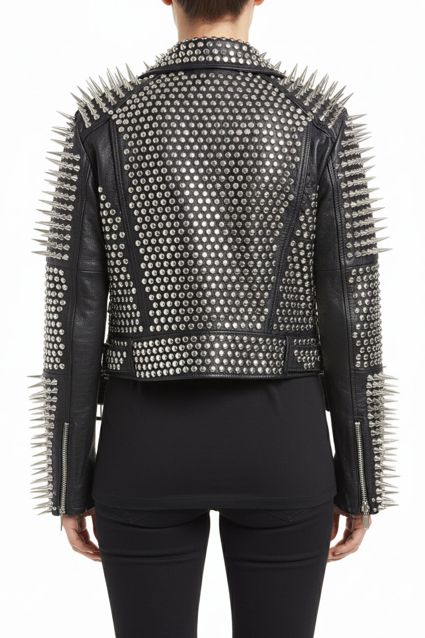 model-back-details - Women's Punk Spiked Studded Black Leather Jacket