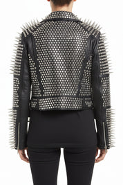 model-back-details - Women's Punk Spiked Studded Black Leather Jacket