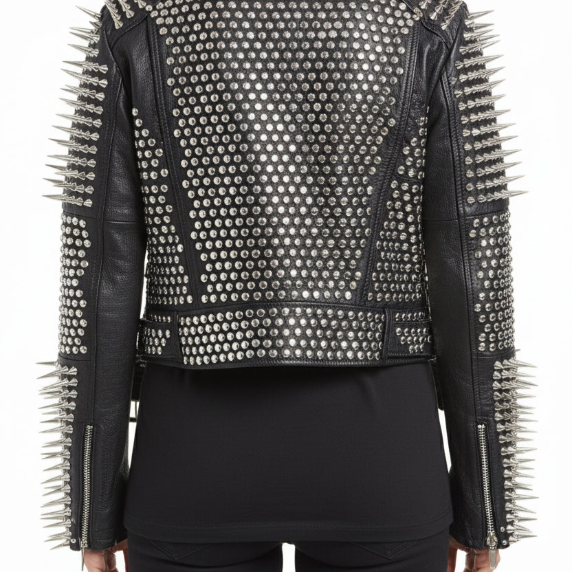 model-back-details - Women's Punk Spiked Studded Black Leather Jacket