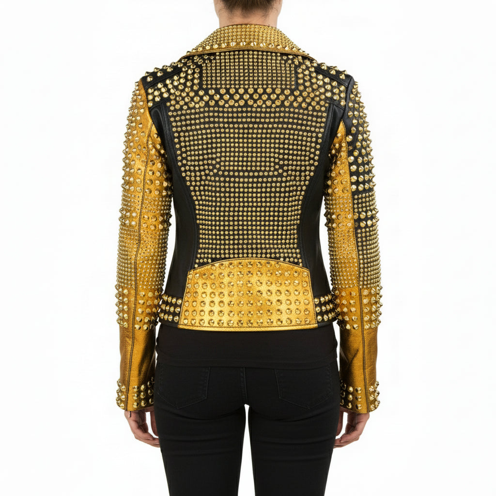 model-back-details - Women's two tone Punk golden Studded Real Cowhide Motorbike Leather Jacket