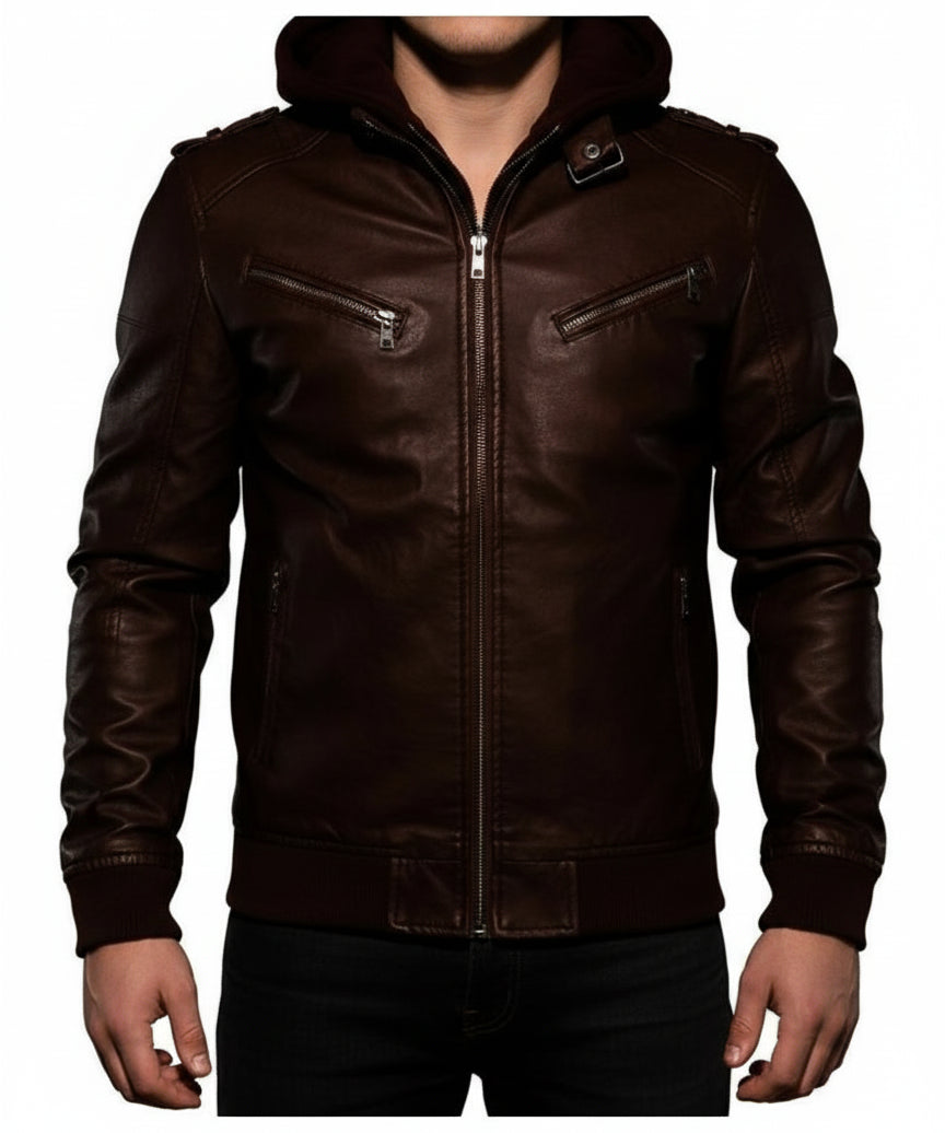 model-front-closed - Antique Brown Leather Fashion Jacket for Men, Winter Leather Apparel,