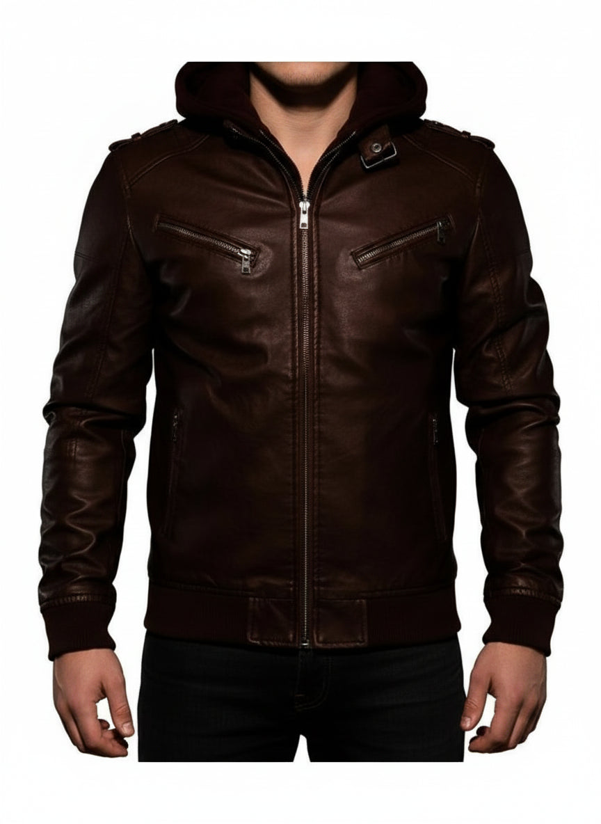model-front-closed - Antique Brown Leather Fashion Jacket for Men, Winter Leather Apparel,