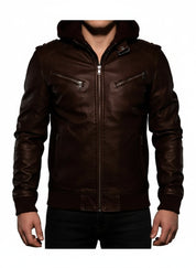 model-front-closed - Antique Brown Leather Fashion Jacket for Men, Winter Leather Apparel,