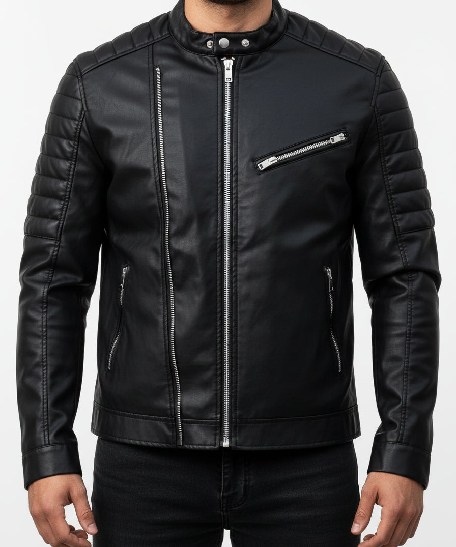 model-front-closed - Black Color slim fit Leather Jacket for Mens, Genuine Leather Jacket