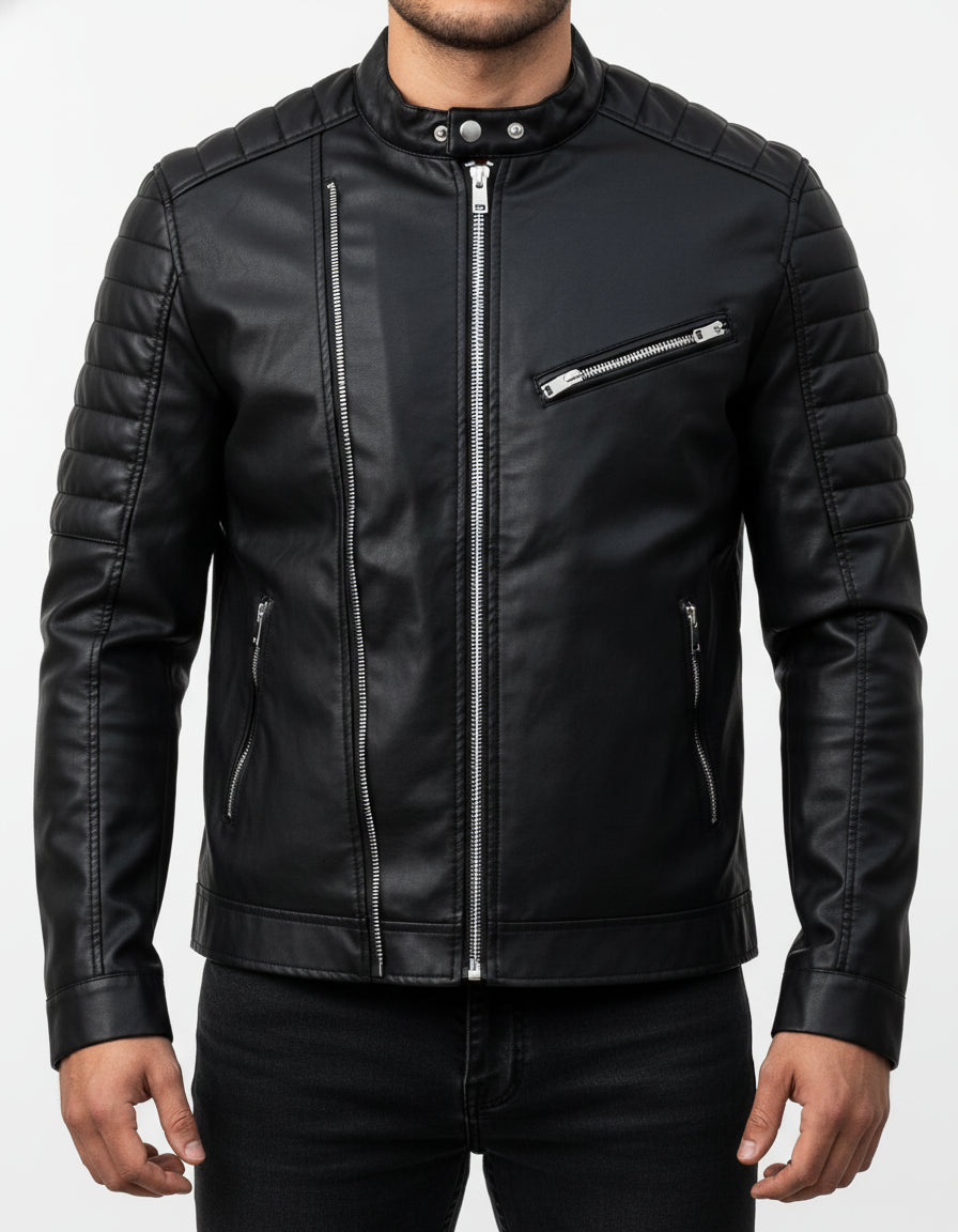 model-front-closed - Black Color slim fit Leather Jacket for Mens, Genuine Leather Jacket