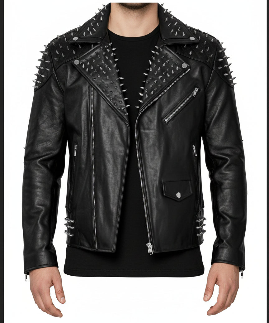 model-front-closed - Black Gothic Style Studded Leather Jacket for Men, Rock Punk Leather Jacket
