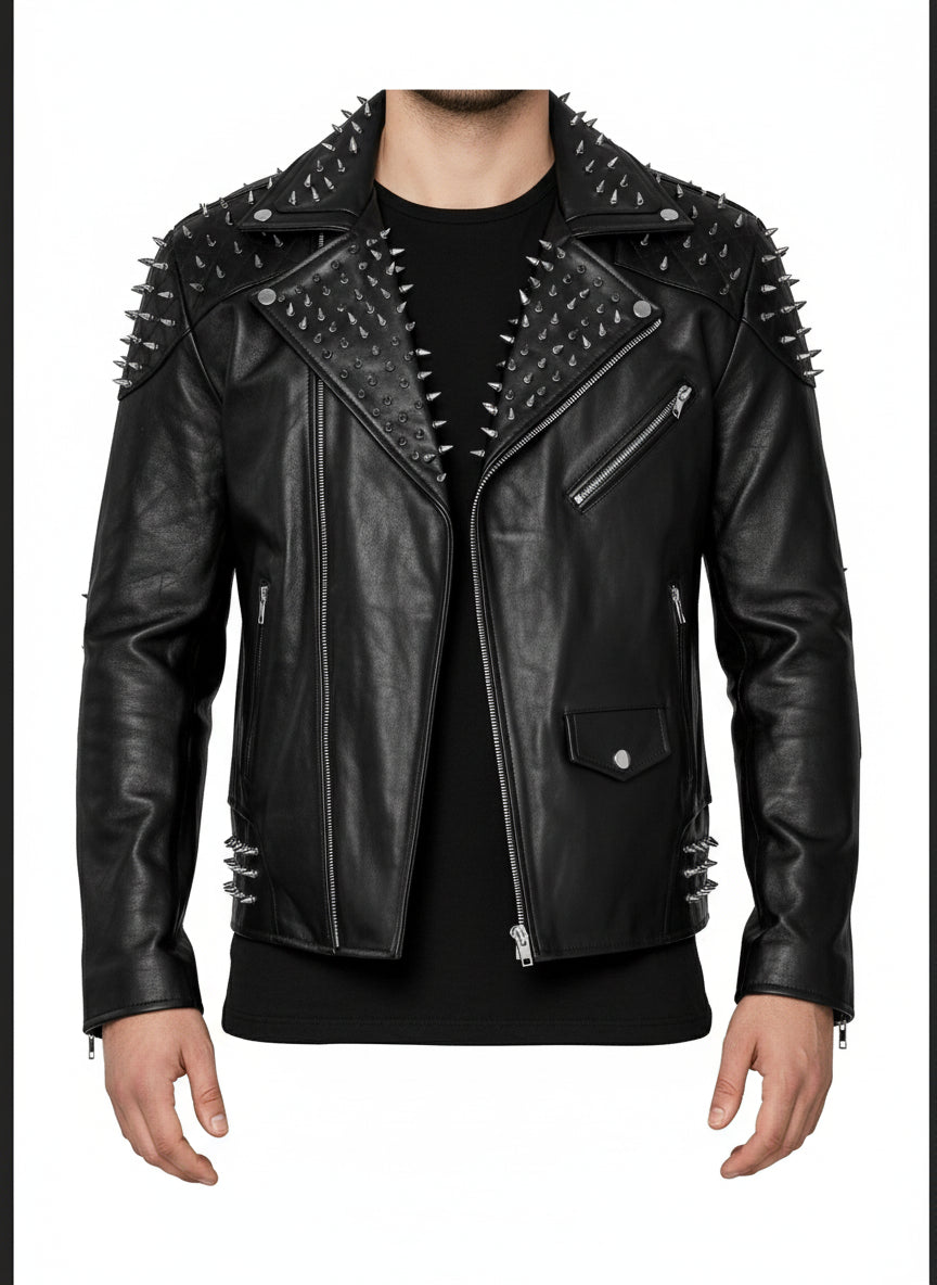 model-front-closed - Black Gothic Style Studded Leather Jacket for Men, Rock Punk Leather Jacket