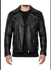 model-front-closed - Black Gothic Style Studded Leather Jacket for Men, Rock Punk Leather Jacket