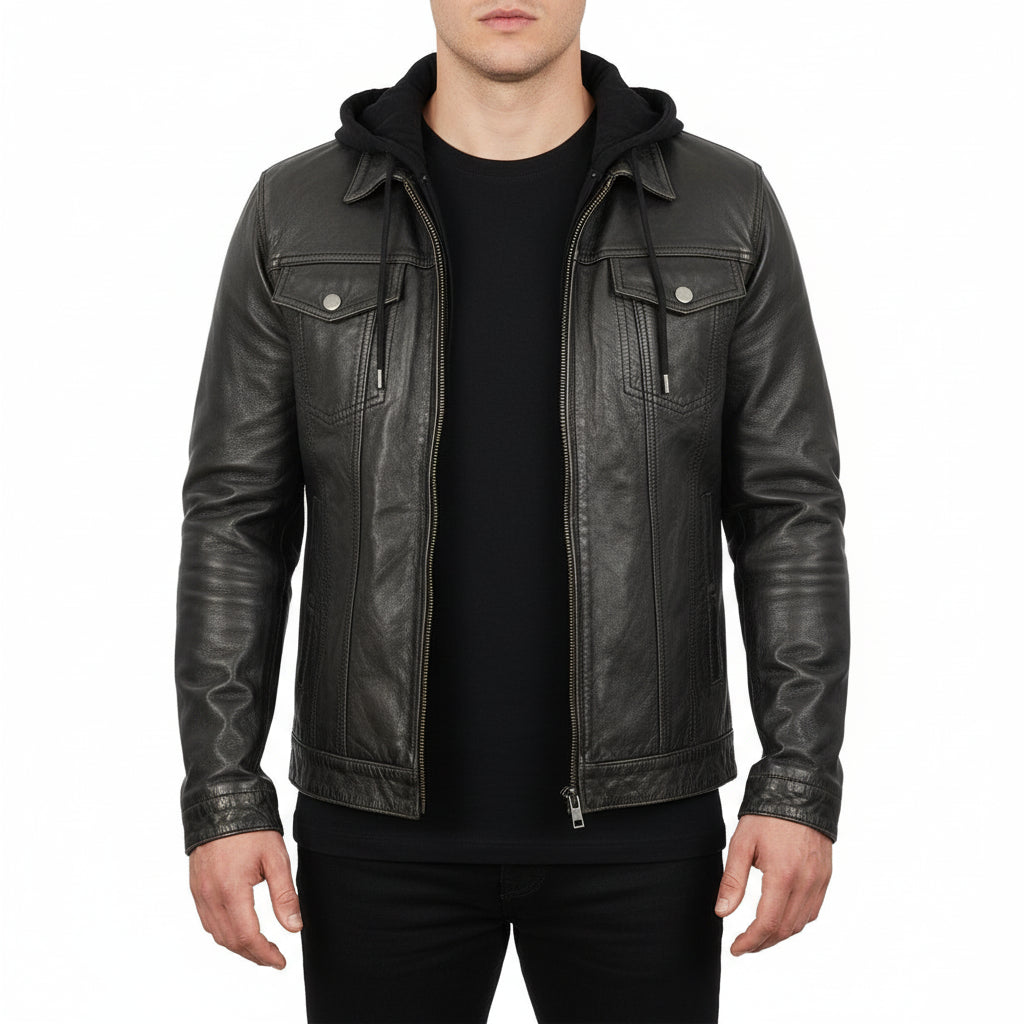 model-front-closed - Black Leather Jacket with Hoodie, Men Winter Fashion Leather Jacket