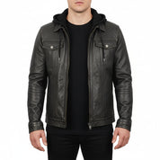 model-front-closed - Black Leather Jacket with Hoodie, Men Winter Fashion Leather Jacket