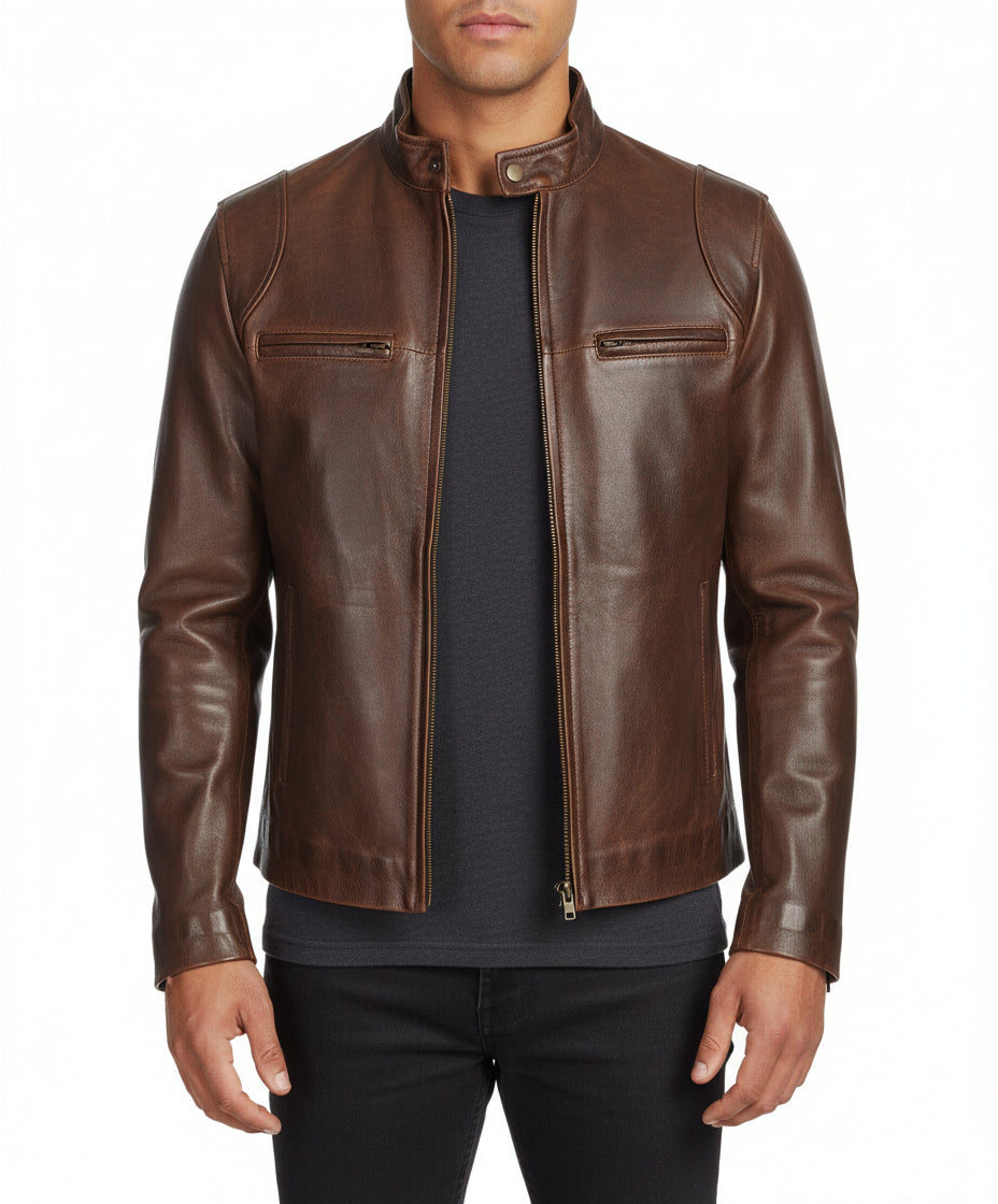 model-front-closed - Classic Men antique Brown leather bomber jacket, Men biker leather jacket