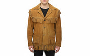 model-front-closed - Cowboy Suede Leather Jacket for Men, Tan Cowboy Fringe Jacket, Stylish Western Jacket for Men