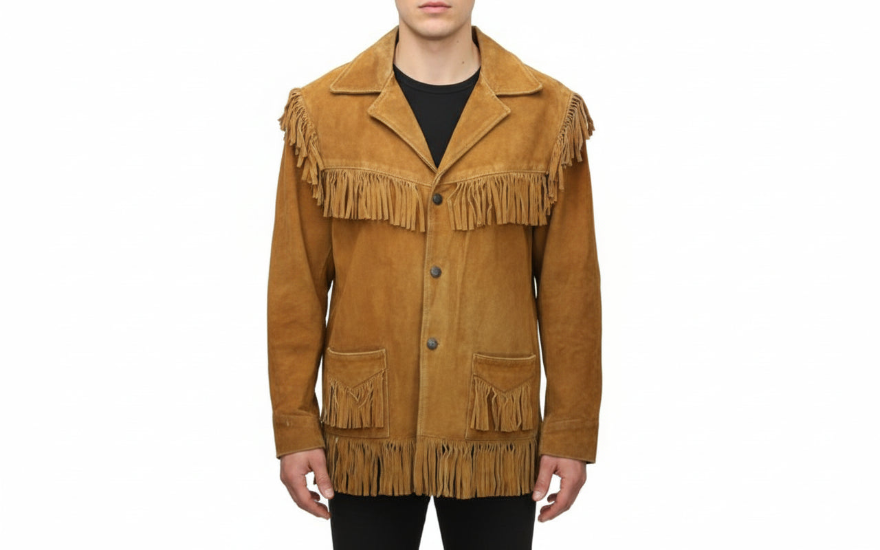 model-front-closed - Cowboy Suede Leather Jacket for Men, Tan Cowboy Fringe Jacket, Stylish Western Jacket for Men