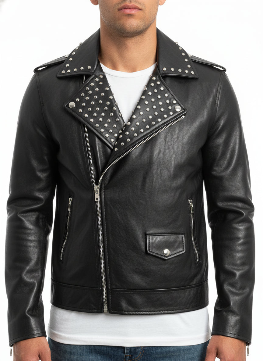 model-front-closed - Fashion Leather Silver Studded Real Soft Leather Biker Style Jacket For Men