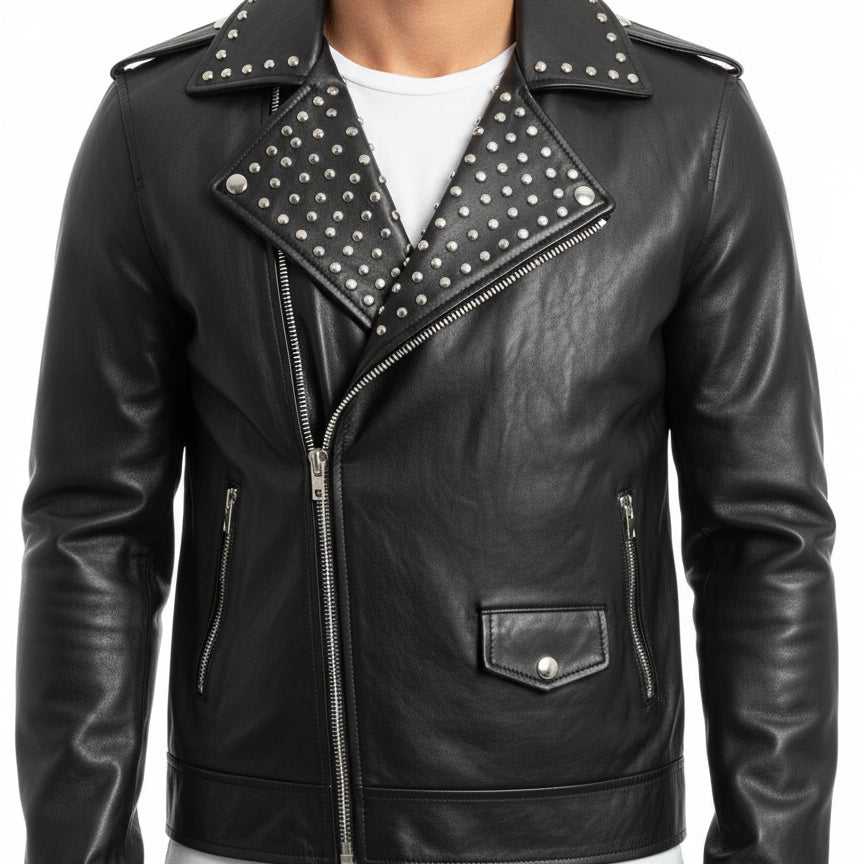 model-front-closed - Fashion Leather Silver Studded Real Soft Leather Biker Style Jacket For Men