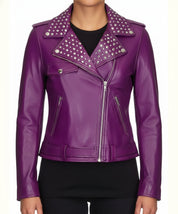 model-front-closed - Gothic Women Purple Leather Studded Biker Jacket, Women Biker Jacket