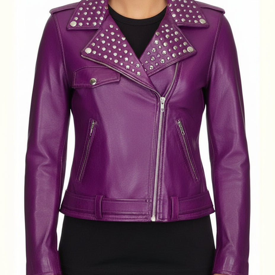 model-front-closed - Gothic Women Purple Leather Studded Biker Jacket, Women Biker Jacket