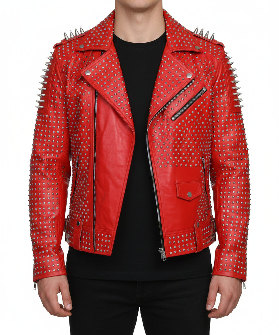 model-front-closed - Hand Studded Red spiked leather jacket for men, Rivet Punk studded jacket