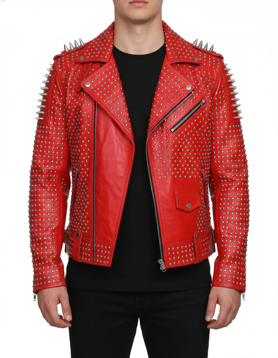 model-front-closed - Hand Studded Red spiked leather jacket for men, Rivet Punk studded jacket