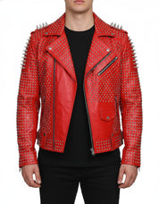 model-front-closed - Hand Studded Red spiked leather jacket for men, Rivet Punk studded jacket