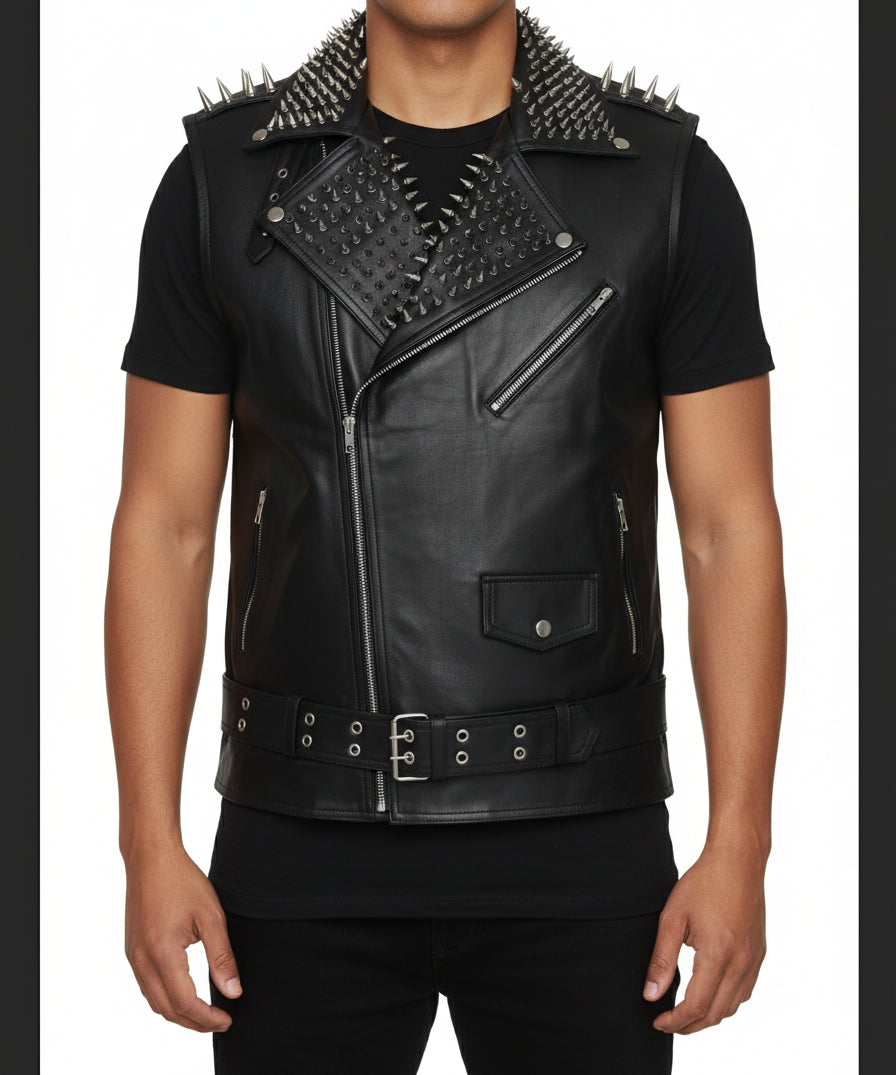 model-front-closed - Handmade Men Black Leather Vest Style Jacket with stud work, Men Rock Punk