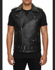 model-front-closed - Handmade Men Black Leather Vest Style Jacket with stud work, Men Rock Punk