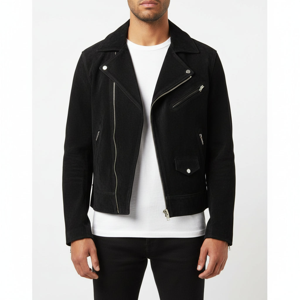 model-front-closed - Handmade Men Front Zipper Fasten Black Suede Biker Jackets, Real Suede