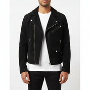 model-front-closed - Handmade Men Front Zipper Fasten Black Suede Biker Jackets, Real Suede