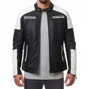 model-front-closed - Handmade Mens black and white slim fit biker jacket, Men leather Jacket
