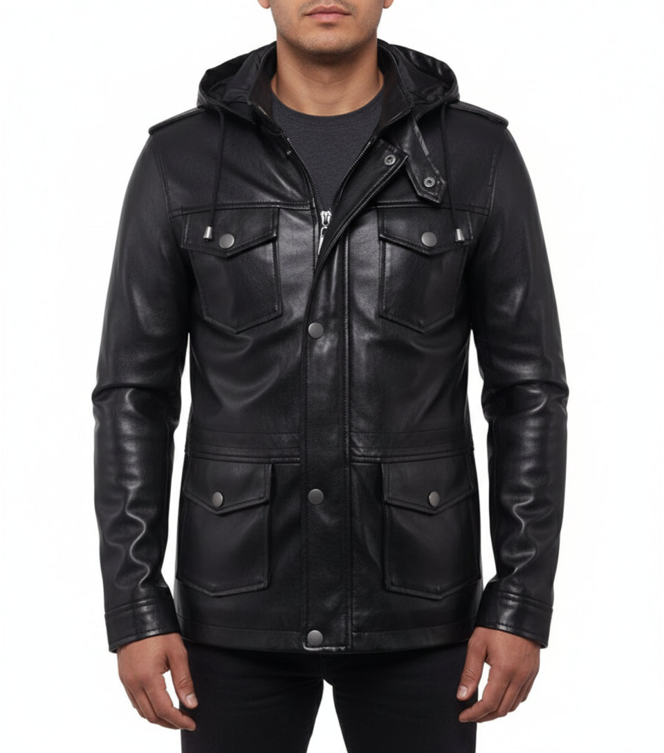 model-front-closed - Handmade Mens Black Biker hooded leather jacket, Black sheep leather jacket