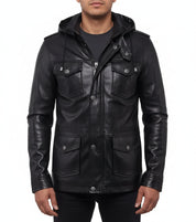 model-front-closed - Handmade Mens Black Biker hooded leather jacket, Black sheep leather jacket