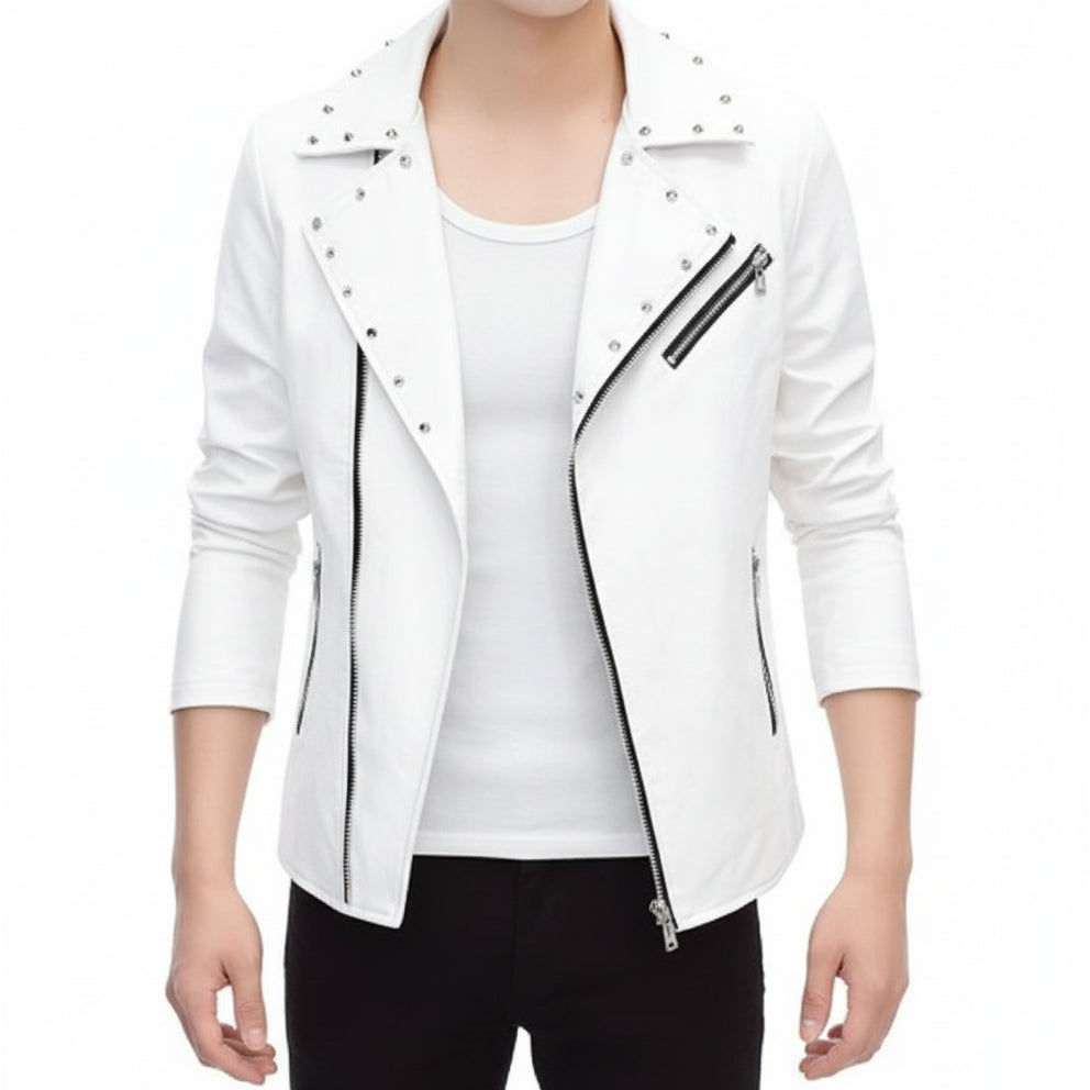 model-front-closed - Handmade Mens Fashion White Biker Jacket, Mens White Studded belted Jacket