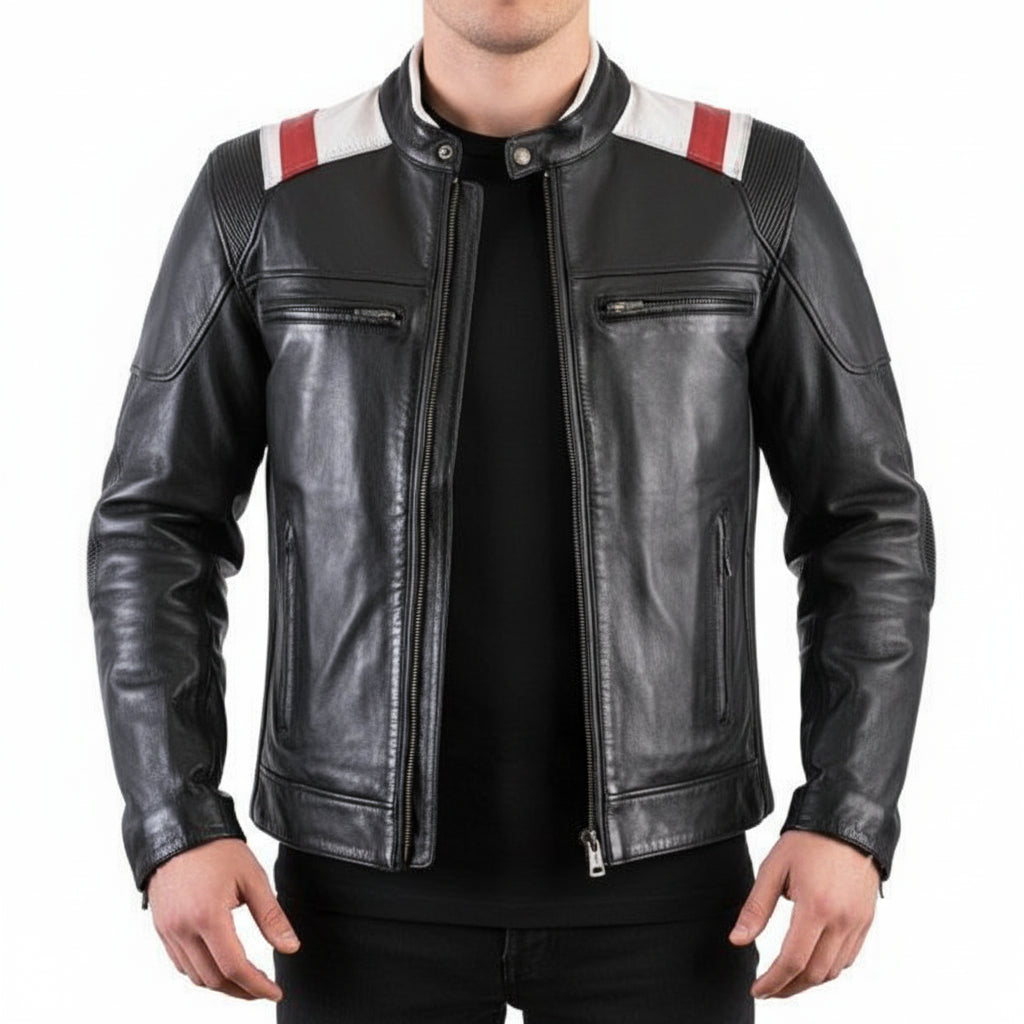 model-front-closed - Handmade Mens Two tone biker Jacket, Men black Brando motorcycle Jacket